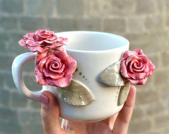 Handmade Pink Rose Ceramic Mug – Romantic Floral Pottery Cup