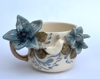 Handmade Ceramic Mug Blue Orchid Flower Bird and Leaf Design,