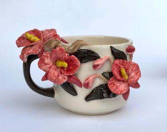 Handmade Ceramic Flower Mug | Twisted Handle Pottery Tea Cup