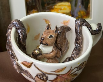 Handmade Ceramic Squirrel Mug, 3D Animal, Fall Leaves, Cozy Autumn Gift