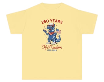 Patriotic Dinosaur 250 Years of Freedom Cotton Tee | Kids 1776-2026