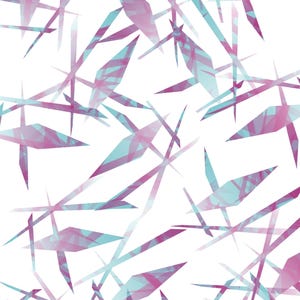 May include: Abstract geometric pattern featuring overlapping shapes in shades of pink and teal against a white background. The design consists of angular, crystalline forms creating a dynamic, layered effect. The overall aesthetic is modern and graphic.