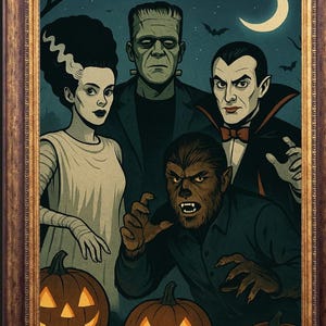 Classic Hollywood Monsters Halloween Art – Dracula, Frankenstein, Wolfman & Bride Printable