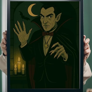 Arte de parede gótica do Drácula – Impressão de Halloween com lua, morcego e velas”
