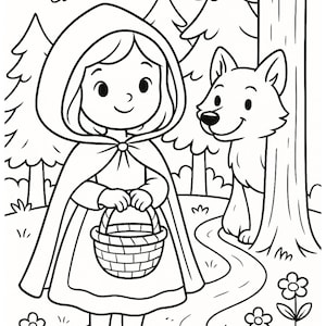 May include: Black and white illustration of a girl in a hooded cape holding a basket, with a wolf peeking from behind a tree. A butterfly and flowers are also present in the forest scene.