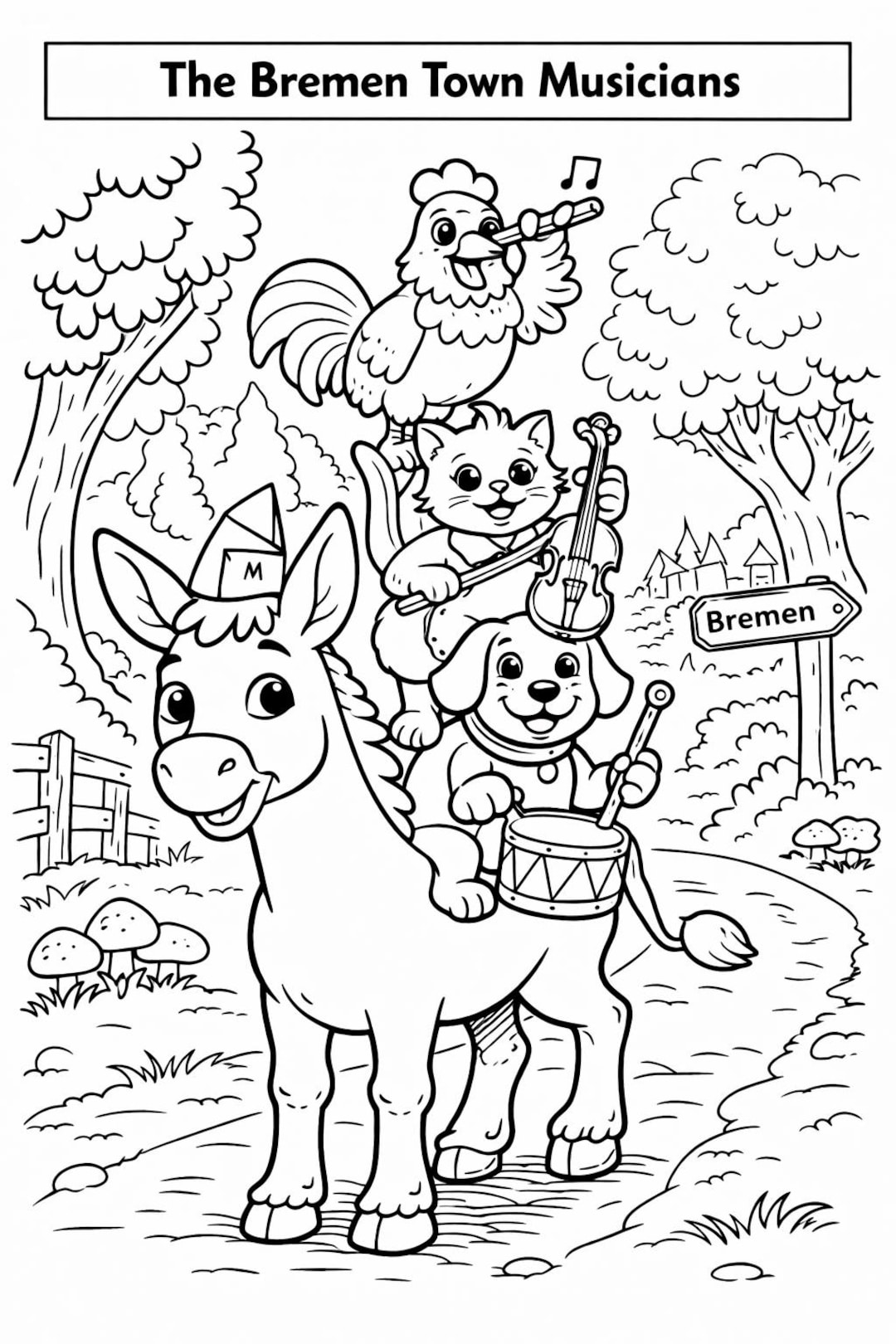 Bremen Town Musicians – Kids Coloring Page | Grimm Fairy Tale Printable - Etsy