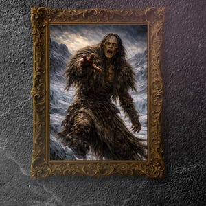 May include: A framed artwork depicting a monstrous figure with long hair and a fur-like garment, set against a snowy mountain backdrop. The ornate gold frame adds a classic touch to the fantasy art piece.