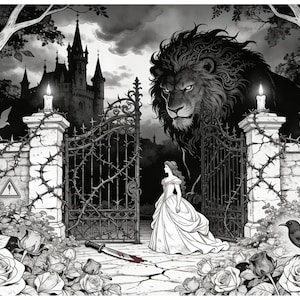 May include: Black and white illustration of a gothic scene. A woman in a gown stands before an ornate gate, with a large lion looming behind her. A castle, roses, and a knife are also depicted.