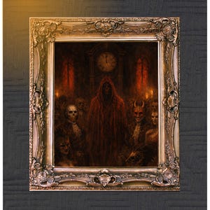 May include: Ornate framed artwork depicting a hooded figure surrounded by other figures with skull and demon masks. The painting has a dark, gothic theme with a clock showing midnight. The frame is gold-colored.