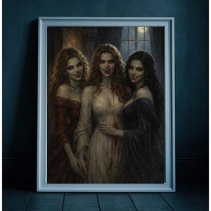 May include: A framed artwork depicts three female vampires with pale skin, long hair, and fangs. They wear flowing gowns in shades of red, white, and blue. The artwork is set against a dark background, creating a gothic atmosphere.