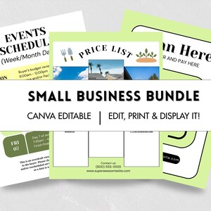 May include: A bundle of Canva-editable small business templates, including an events schedule, price list, and payment sign. The price list features images of a blue sky, palm trees, and plants. The bundle is designed for easy editing, printing, and display.