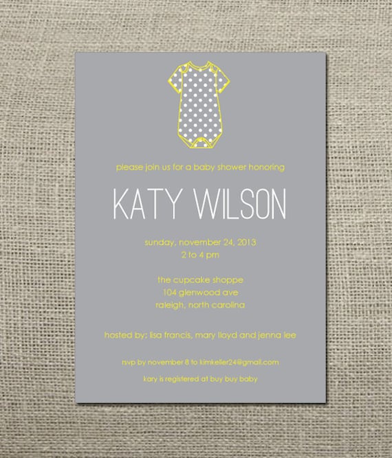 Items similar to Yellow and Grey Polka Dot Onesie Shower Invitation on Etsy