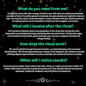 May include: A black background with gold stars and text in green. The text includes questions and answers about a ritual, such as what is needed, what will be received, how it works, and when results are noticed.