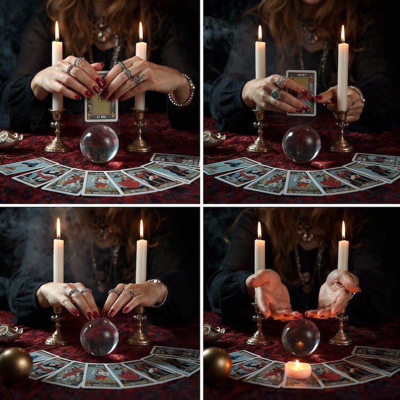 May include: A mystical scene featuring a crystal ball, tarot cards, and lit candles. The cards are arranged in a semi-circle on a red patterned surface. Two candles are in ornate holders. The scene evokes a sense of divination and fortune-telling.