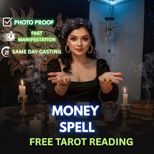 Puede incluir: Imagen de una mujer con pañuelo y pendientes de aro, con un top negro. El texto de la imagen dice "PHOTO PROOF", "FAST MANIFESTATION", "SAME DAY CASTING", "MONEY SPELL" y "FREE TAROT READING". También se ven velas y una bola de cristal.