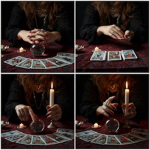 May include: A collage of images depicting a fortune teller's table. A crystal ball, tarot cards, and lit candles are arranged on a red patterned cloth. The fortune teller's hands are visible, adorned with rings and red nail polish.