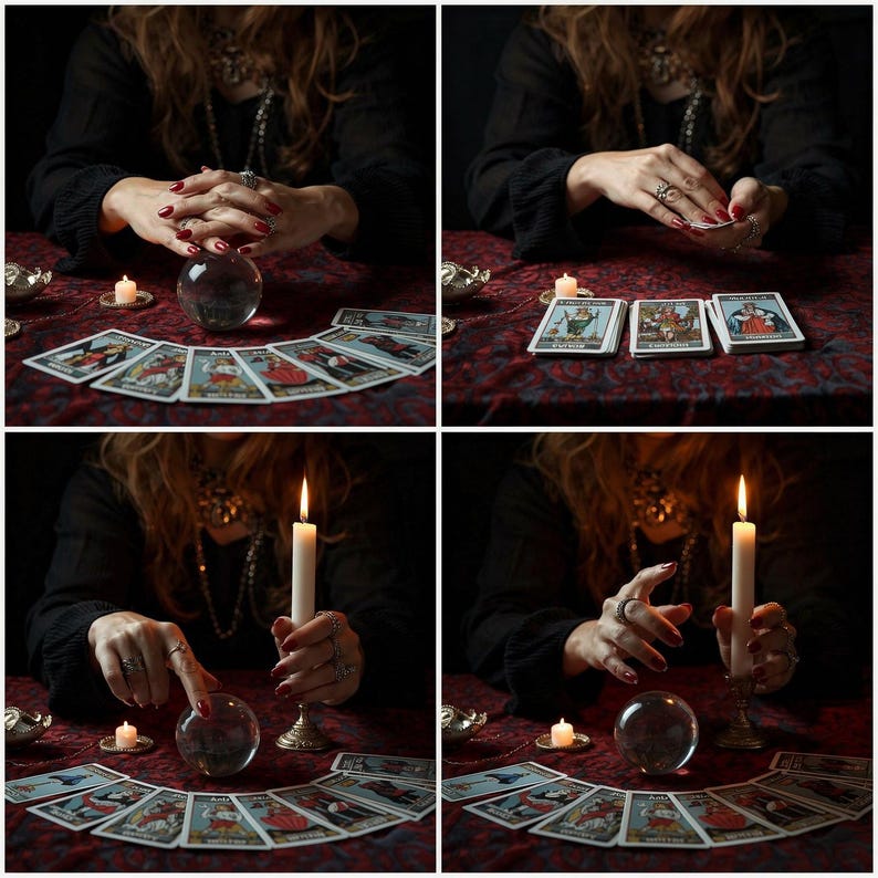 May include: A collage of images depicting a fortune teller's table. A crystal ball, tarot cards, and lit candles are arranged on a red patterned cloth. The fortune teller's hands are visible, adorned with rings and red nail polish.