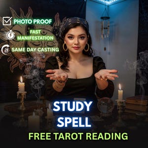 Puede incluir: Imagen de una mujer con un vestido negro con las palabras "STUDY SPELL" y "FREE TAROT READING". La imagen también incluye velas, una bola de cristal y el texto "PHOTO PROOF", "FAST MANIFESTATION" y "SAME DAY CASTING".