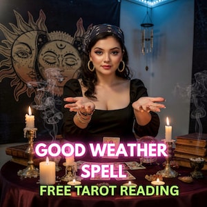 May include: A woman in a black dress and headscarf with gold hoop earrings and bracelets, performing a tarot reading. The text "GOOD WEATHER SPELL" and "FREE TAROT READING" are displayed. Lit candles and a crystal ball are on the table.