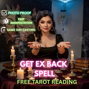 May include: A woman wearing a black dress and headscarf sits at a table with candles, tarot cards, and a crystal ball. The image includes text that reads "GET EX BACK SPELL" and "FREE TAROT READING".