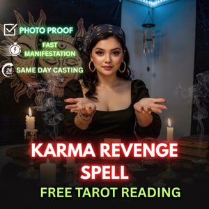 Op de afbeelding: Een afbeelding met een vrouw met een hoofddoek en oorringen, met tekst die luidt "KARMA REVENGE SPELL" en "FREE TAROT READING." Extra tekst omvat "PHOTO PROOF," "FAST MANIFESTATION" en "SAME DAY CASTING."