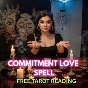 Op de afbeelding: Een vrouw in een zwarte top en hoofddoek, met de tekst "COMMITMENT LOVE SPELL FREE TAROT READING". De afbeelding toont kaarsen, tarotkaarten en een kristallen bol, wat wijst op een spiritueel of waarzeggerij thema.