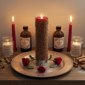 May include: A candlelit display featuring a large red pillar candle adorned with greenery, flanked by red taper candles, glass jars, and brown bottles. A silver tray holds red roses and is surrounded by cinnamon sticks.