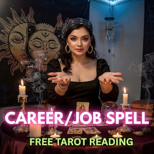 Puede incluir: Una mujer con un vestido negro y pañuelo, rodeada de velas, cartas del tarot y una bola de cristal. La imagen tiene el texto "CAREER/JOB SPELL" y "FREE TAROT READING". Un tema místico y espiritual.