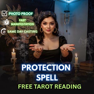 May include: A woman with dark hair and a black top, wearing gold hoop earrings and bracelets, is the focal point. The image includes text that reads "PROTECTION SPELL" and "FREE TAROT READING". There are lit candles and a mystical background.