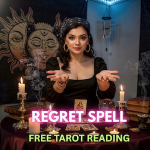 Op de afbeelding: Een vrouw in een zwarte jurk en hoofddoek met gouden oorringen, omringd door kaarsen, tarotkaarten en een kristallen bol. De tekst "REGRET SPELL" en "FREE TAROT READING" wordt weergegeven.