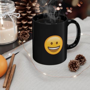 Emoji Black Mug, Big Smile Face Coffee Cup, Happy Emoticon Tea Mug, Cheerful Expression Drinkware, Funny Gift for Friends, 11oz Ceramic