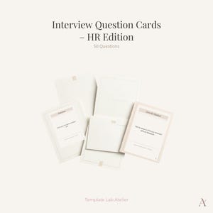 May include: A set of Interview Question Cards – HR Edition with 50 questions. The cards are off-white with light beige borders and black text. One card displays the heading Growth Mindset and the question Tell me about a time you received difficult feedback. The text Template Lab Atelier appears at the bottom.