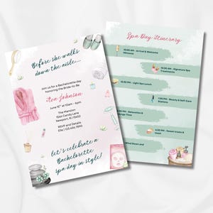 Op de afbeelding: Twee uitnodigingen in aquarel-stijl voor een vrijgezellenfeest met een spa-thema. Eén uitnodiging bevat tekst, een roze badjas en spa-gerelateerde illustraties. De tweede bevat een spa-dag-itinerair.