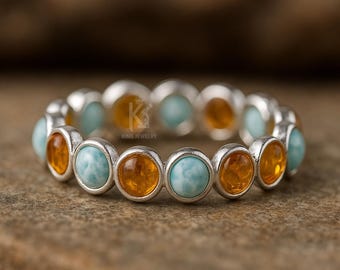 Handmade Larimar Amber Sterling Silver Eternity Band Ring