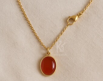 Oval Carnelian Pendant Necklace: Sterling Silver, July Birthstone