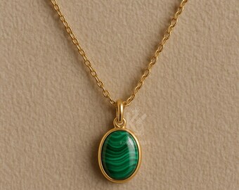 Oval Malachite Necklace: Sterling Silver Minimalist May Birthstone