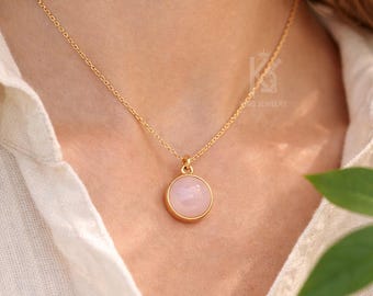 Ronde rozenkwarts 925 sterlingzilveren ketting, minimalistische bedelhanger