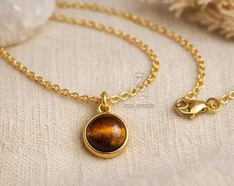 Sterling Silver Round Tiger's Eye Necklace, Natural Charm Pendant