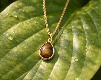 May include: A gold-colored necklace with a teardrop-shaped pendant. The pendant features a brown and gold tiger's eye stone set in a gold frame. The necklace is displayed on a green leaf with water droplets.
