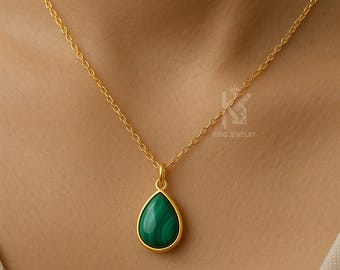 Teardrop Malachite Necklace: 925 Sterling Silver Dainty Charm
