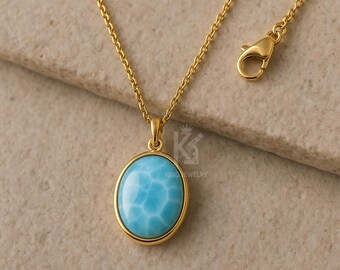 Collana ovale in larimar: ciondolo in argento sterling 925, gioiello con pietra portafortuna