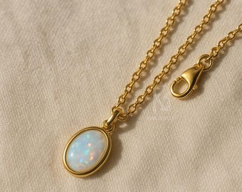 Oval Opal Necklace, Sterling Silver, Natural Fire Opal Pendant