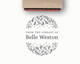 Custom Ex Libris Stamp with Personalized Name "From the Library of" and Floral Frame, a Rubber Stamp designed by Modern Maker Stamps | 0105
