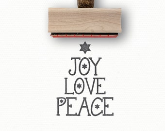 Joy Love Peace Christmas Tree Stamp | Holiday Stamps | Rubber Stamp | Christmas Gift Tags Retro Christmas Stamps | DIY Holiday Gift Wrap