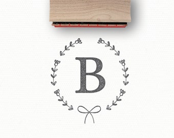 Custom Rubber Stamp w/ Personalized Monogrammed Initial Letter, Hand-Drawn with a Floral Wreath & Bow by Modern Maker Stamps | 0105