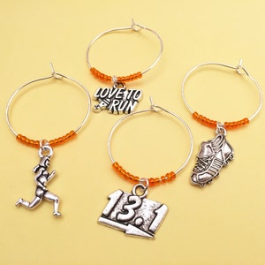 Half Marathon Wine Charms: Runner Wine Charms. Gift for a Runner in your life. Includes 13.1, Runner, Sneaker, and I Love to Run. Set of 4.