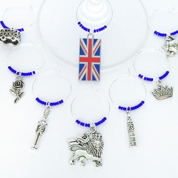 Great Britain Wine Charms. United Kingdom Wine Lovers perfect gift. British Gift. London Wine charms. Set of 5 to Set of 12