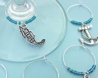 Mexico Beach Themed Wine Charms: Mexican vacation gift for wine lovers. Mexican Getaway and Mexico Girls Trip gift. Set of 4 to Set of 14.