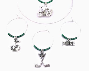 FREE SHIPPING! Golf Wine Charms: Golfer gift for wine lovers. Green Beading color theme. Golf outing Gift. Set of 4.