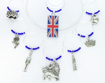 Great Britain Wine Charms. United Kingdom Wine Lovers perfect gift. British Gift. London Wine charms. Set of 5 to Set of 12